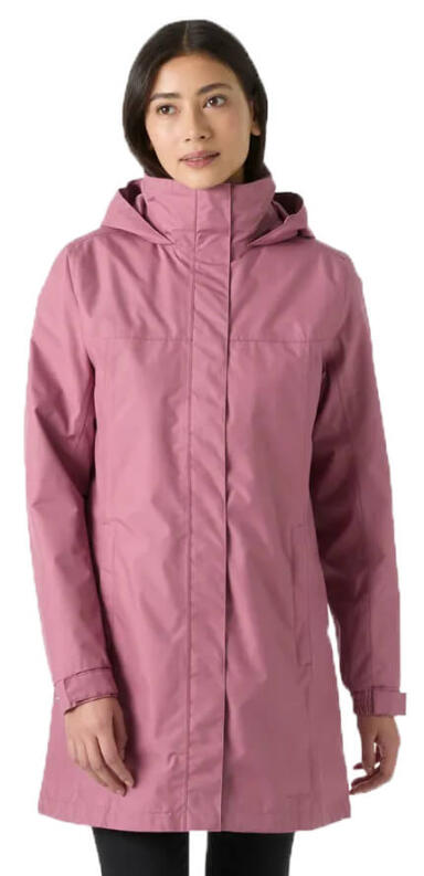 A lady sporting the Wildberry Pink Helly Hansen Arden Long Rain Jacket