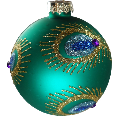 Peacock Glitter Feather Glass Christmas Bauble Close Up