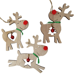 Red Nose Reindeer with Bells Wooden Hanger Set