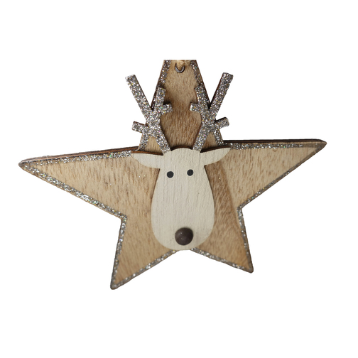 Wooden Reindeer Star Christmas Hangers Close Up