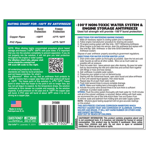Star brite Non-Toxic Blue Antifreeze Instructions Label
