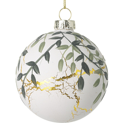 White with Gold Crackle & Green Branch Glass Christmas Bauble